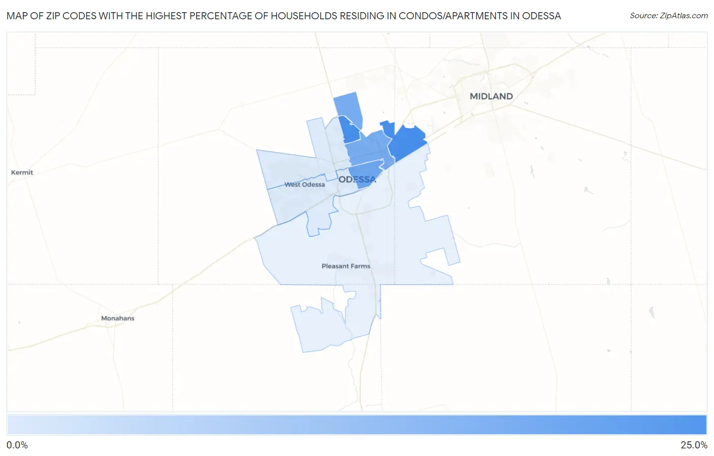 Zip Codes with the Highest Percentage of Households Residing in Condos/Apartments in Odessa Map