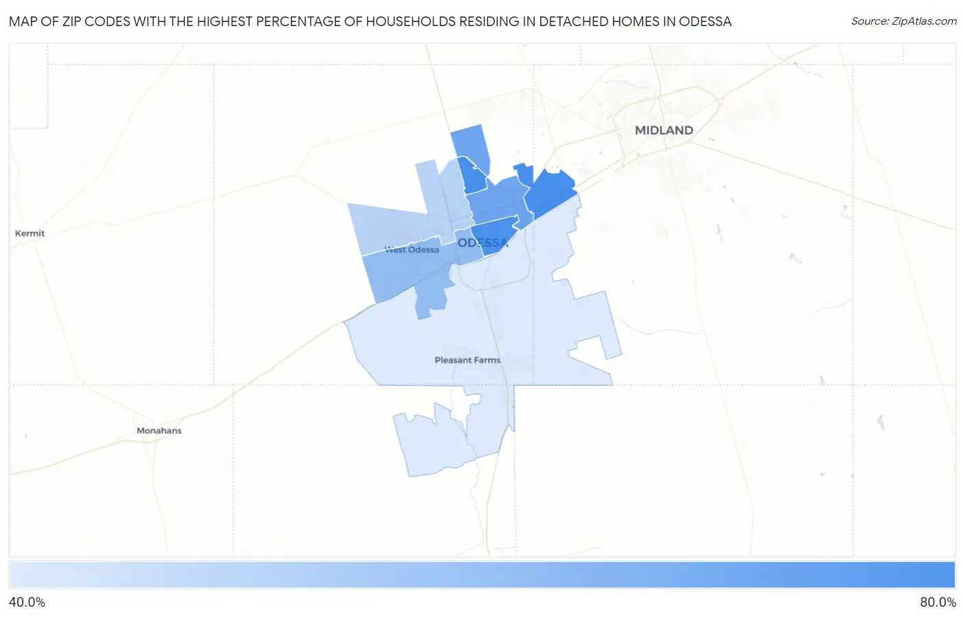 Zip Codes with the Highest Percentage of Households Residing in Detached Homes in Odessa Map