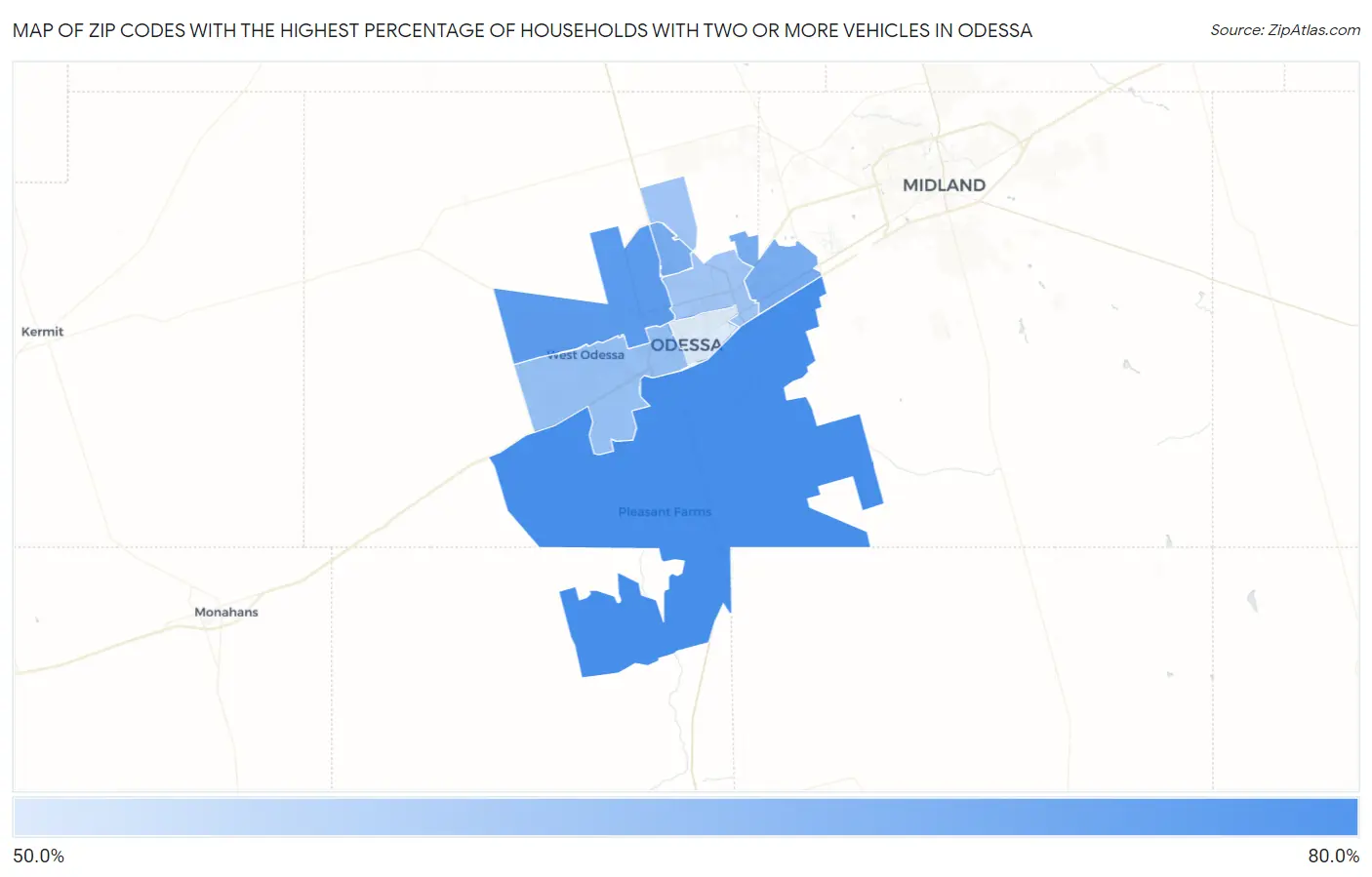 Zip Codes with the Highest Percentage of Households With Two or more Vehicles in Odessa Map