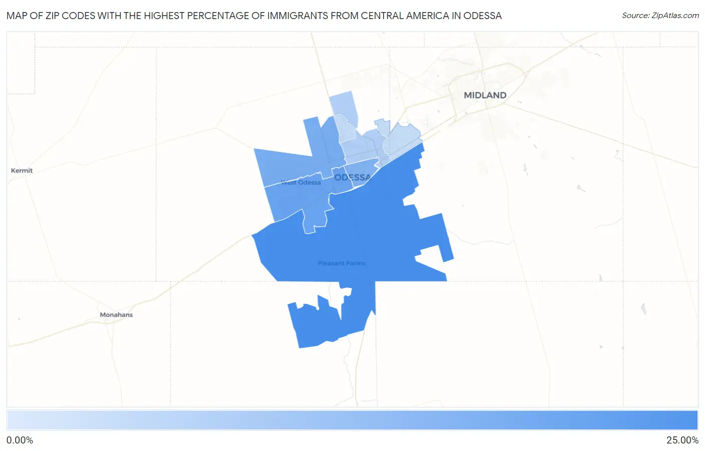 Zip Codes with the Highest Percentage of Immigrants from Central America in Odessa Map