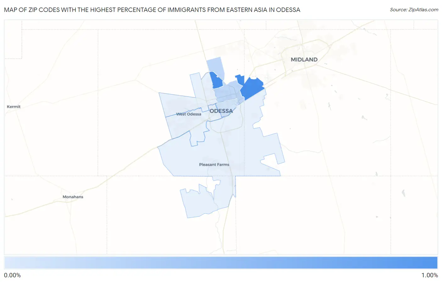 Zip Codes with the Highest Percentage of Immigrants from Eastern Asia in Odessa Map