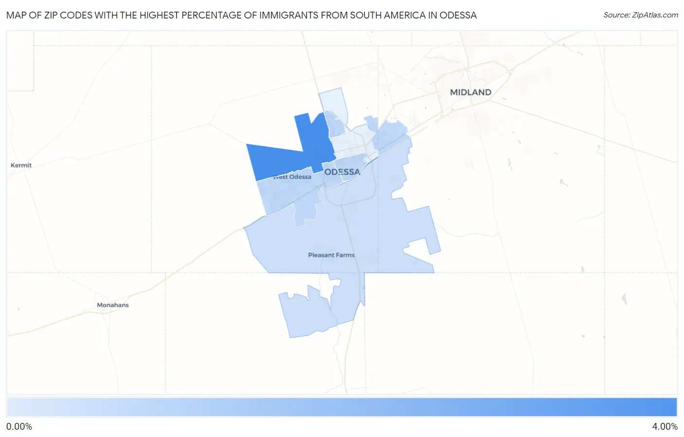 Zip Codes with the Highest Percentage of Immigrants from South America in Odessa Map