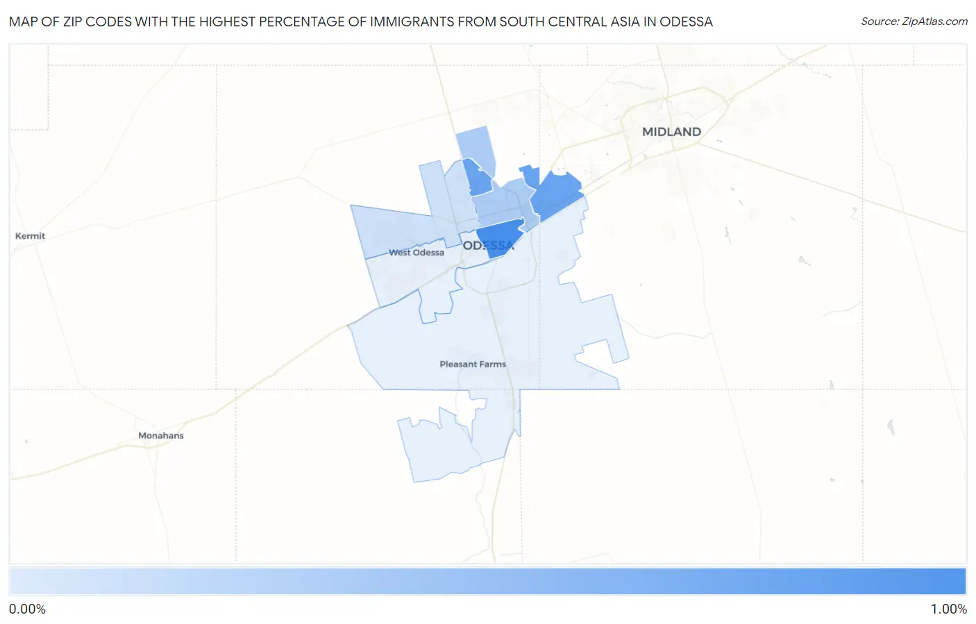 Zip Codes with the Highest Percentage of Immigrants from South Central Asia in Odessa Map