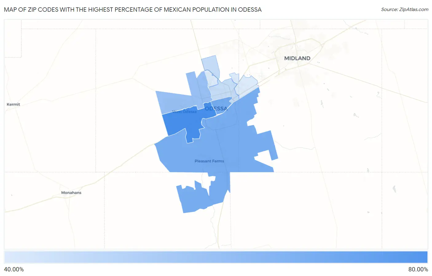 Zip Codes with the Highest Percentage of Mexican Population in Odessa Map