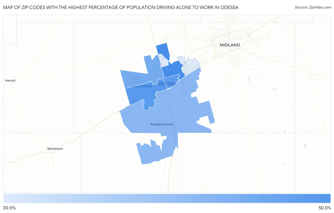 Zip Codes with the Highest Percentage of Population Driving Alone to Work in Odessa Map