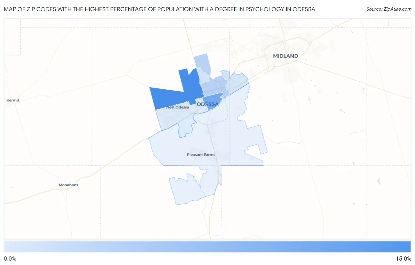 Zip Codes with the Highest Percentage of Population with a Degree in Psychology in Odessa Map