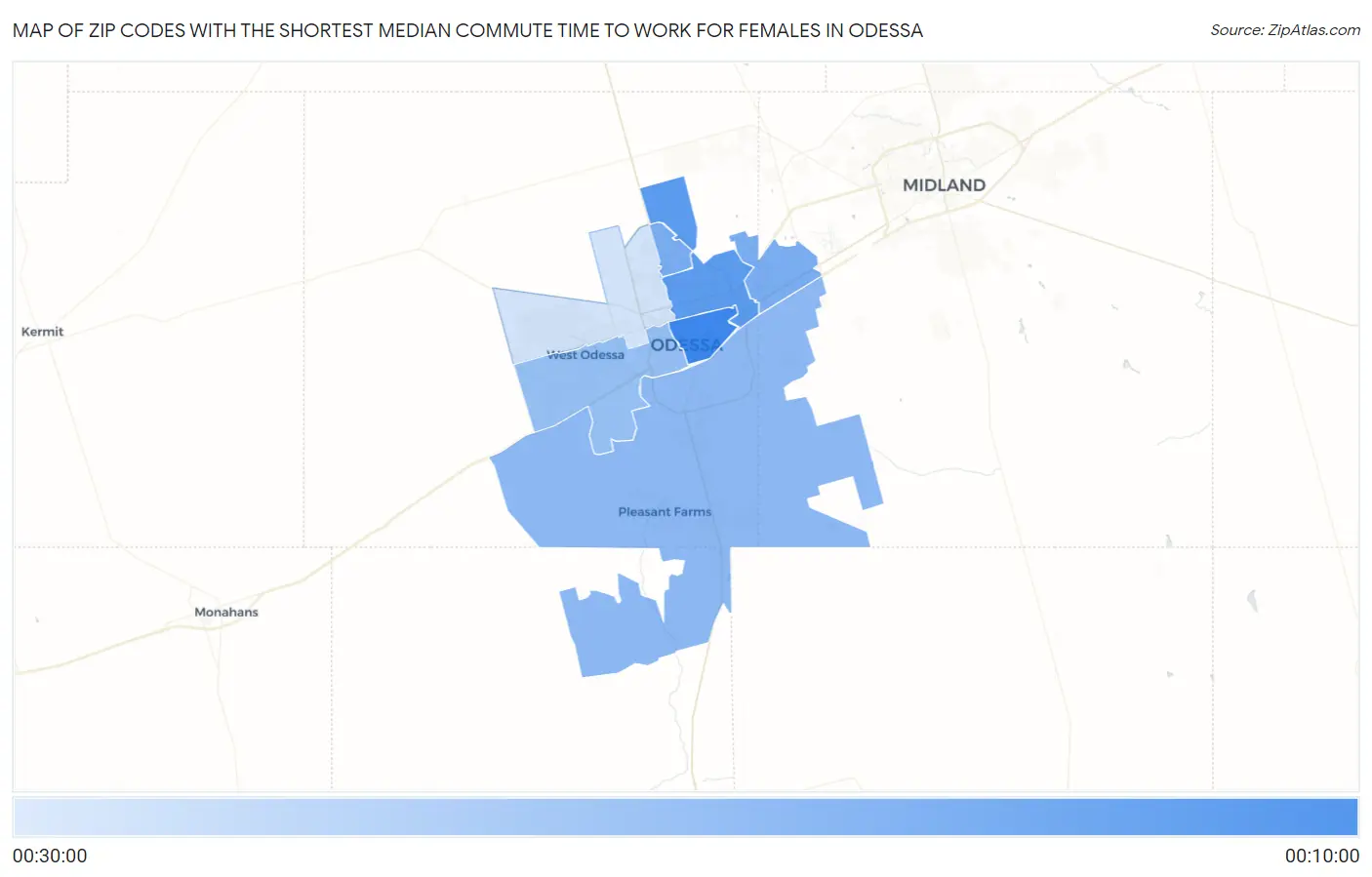 Zip Codes with the Shortest Median Commute Time to Work for Females in Odessa Map