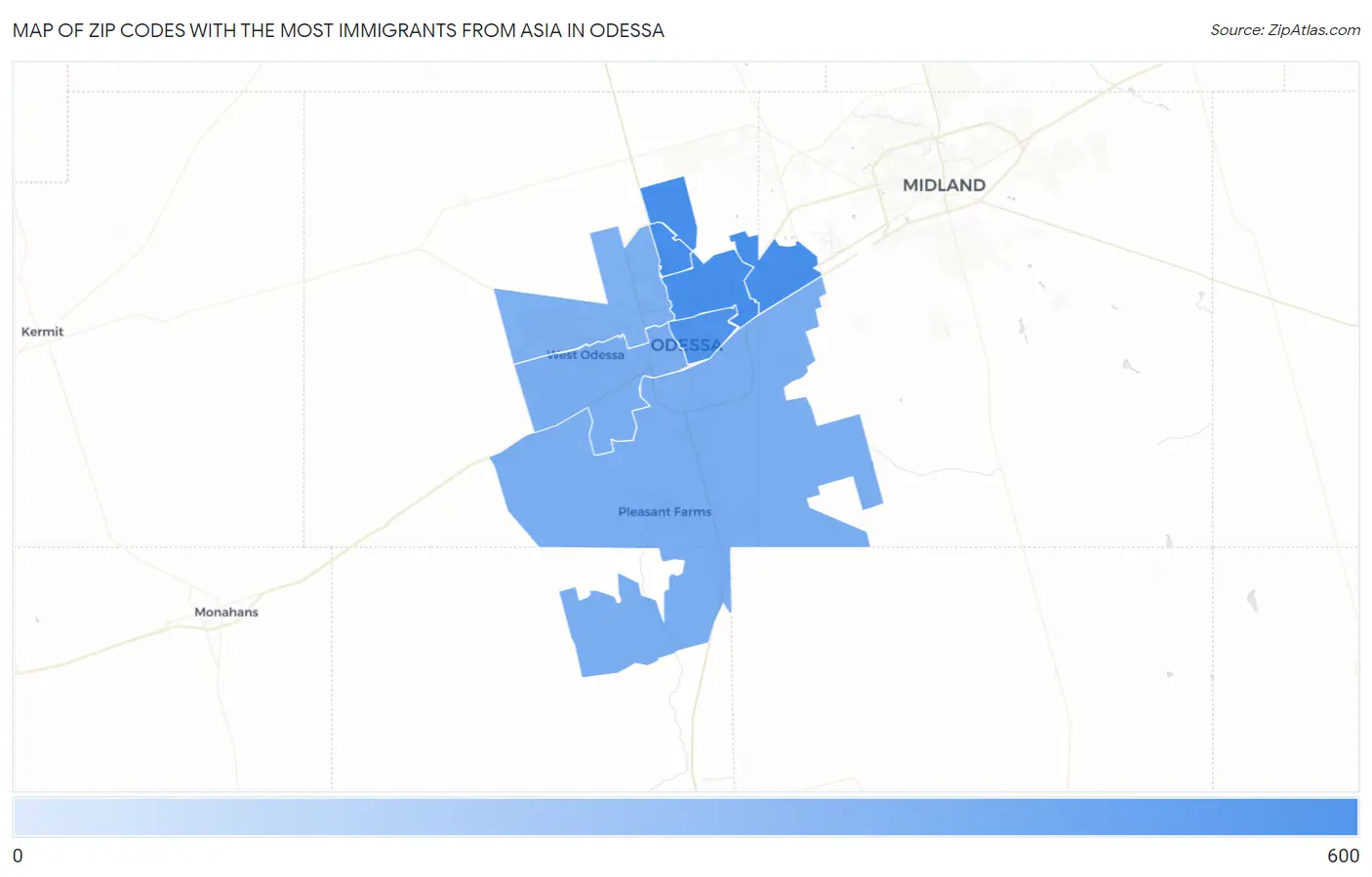 Zip Codes with the Most Immigrants from Asia in Odessa Map