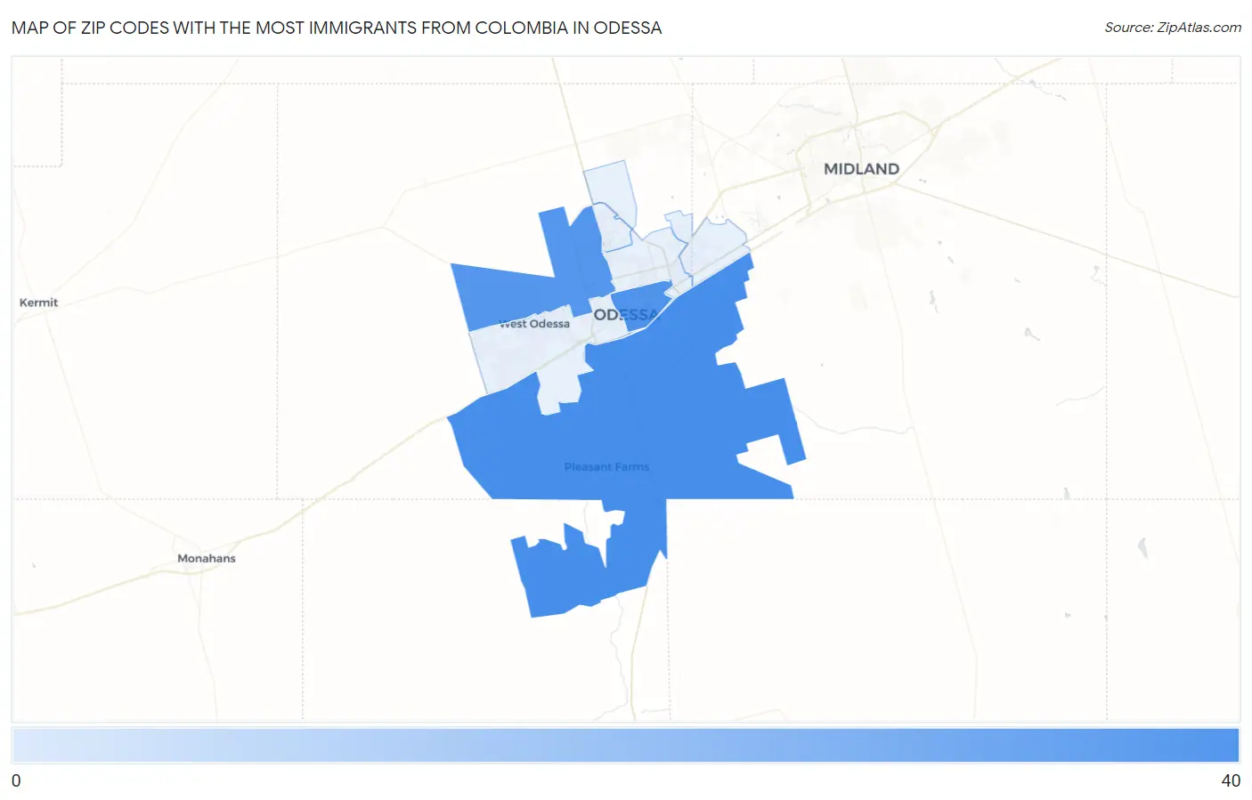 Zip Codes with the Most Immigrants from Colombia in Odessa Map