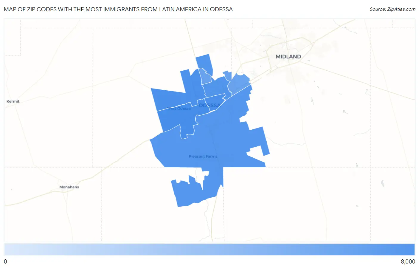 Zip Codes with the Most Immigrants from Latin America in Odessa Map