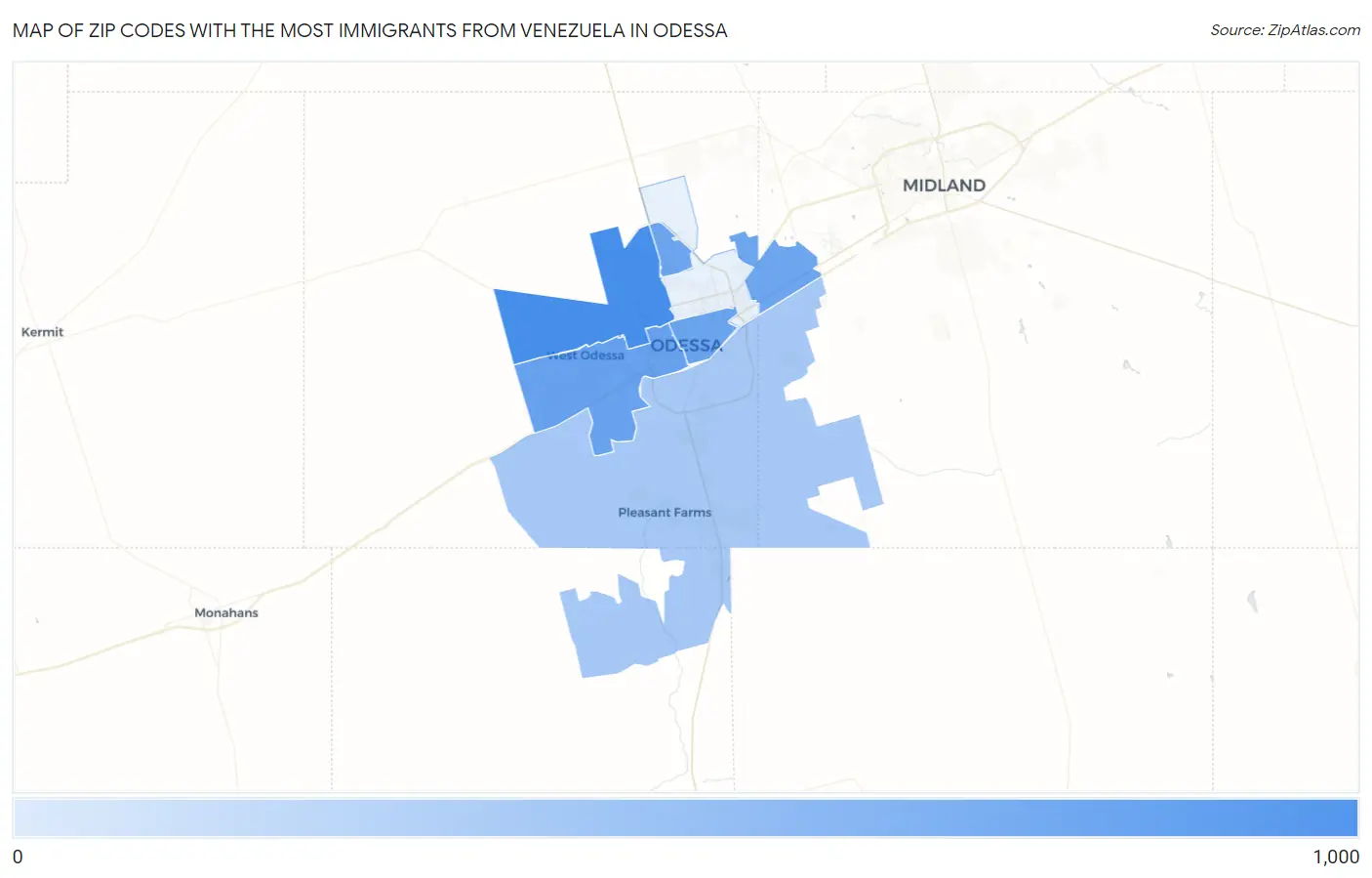 Zip Codes with the Most Immigrants from Venezuela in Odessa Map