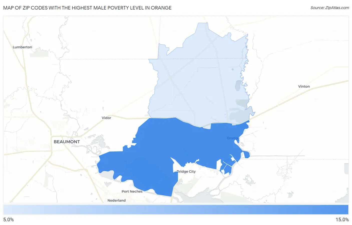 Zip Codes with the Highest Male Poverty Level in Orange Map