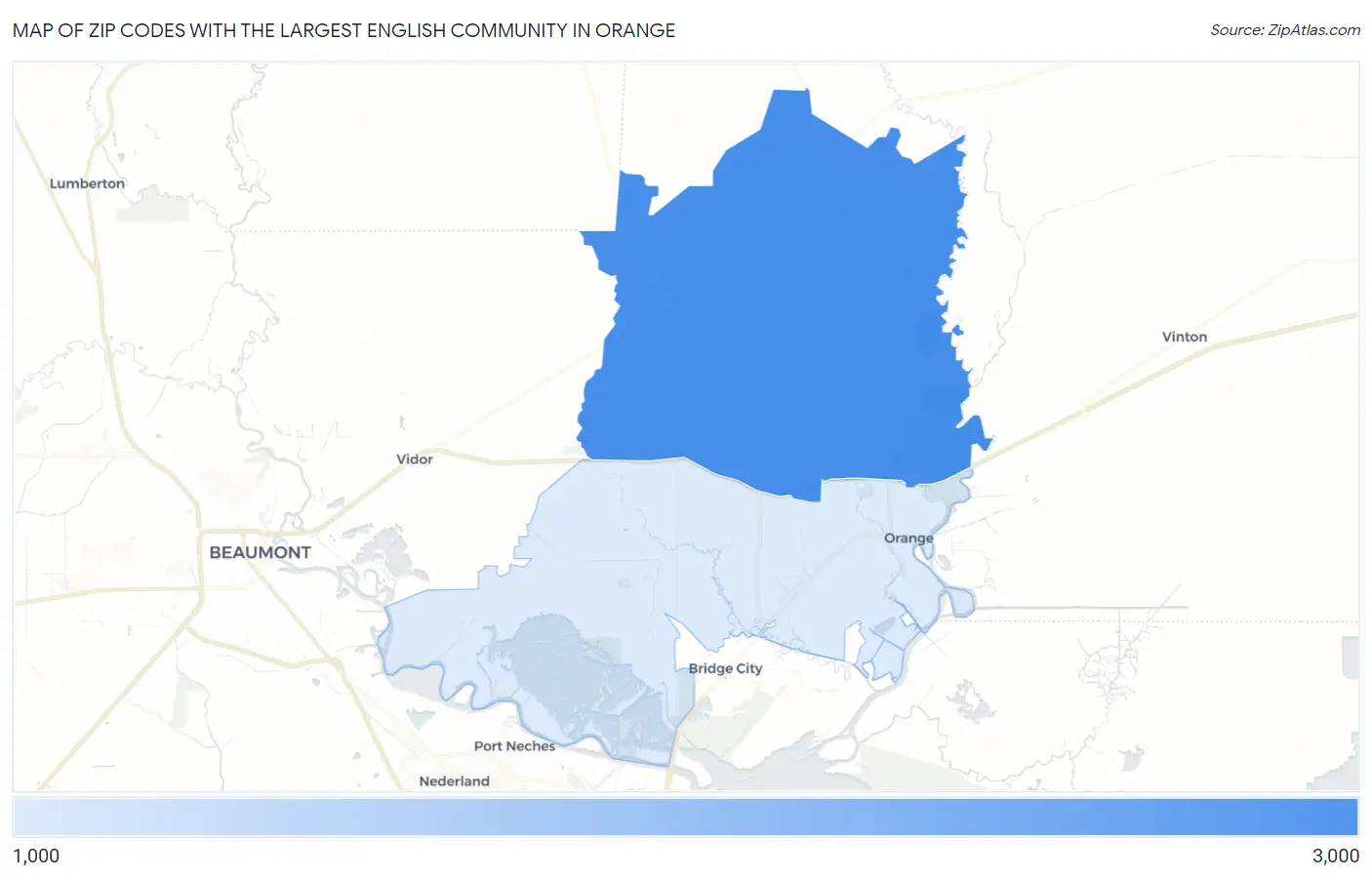 Zip Codes with the Largest English Community in Orange Map