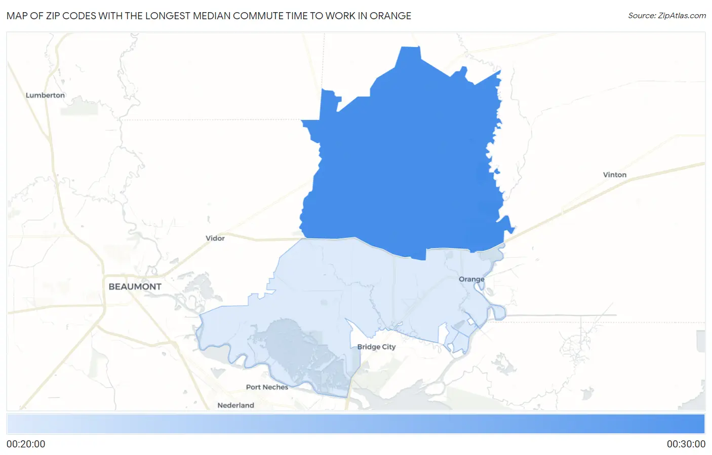 Zip Codes with the Longest Median Commute Time to Work in Orange Map