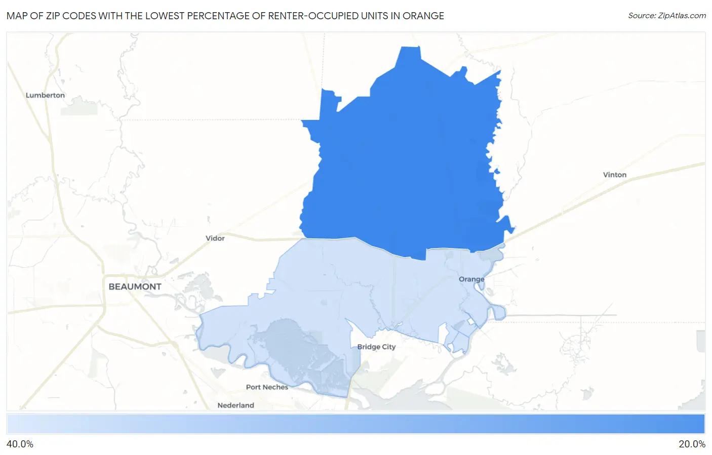 Zip Codes with the Lowest Percentage of Renter-Occupied Units in Orange Map