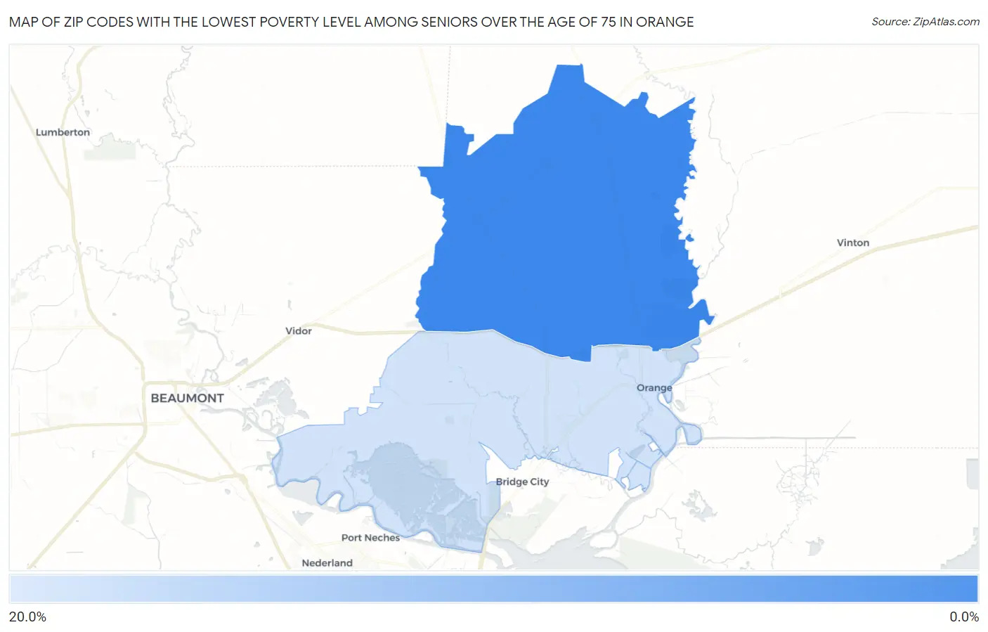 Zip Codes with the Lowest Poverty Level Among Seniors Over the Age of 75 in Orange Map