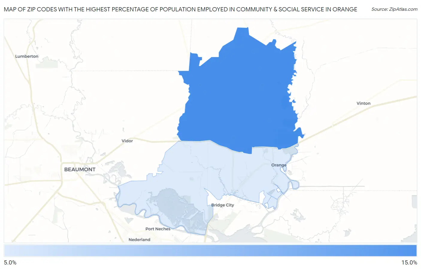 Zip Codes with the Highest Percentage of Population Employed in Community & Social Service  in Orange Map