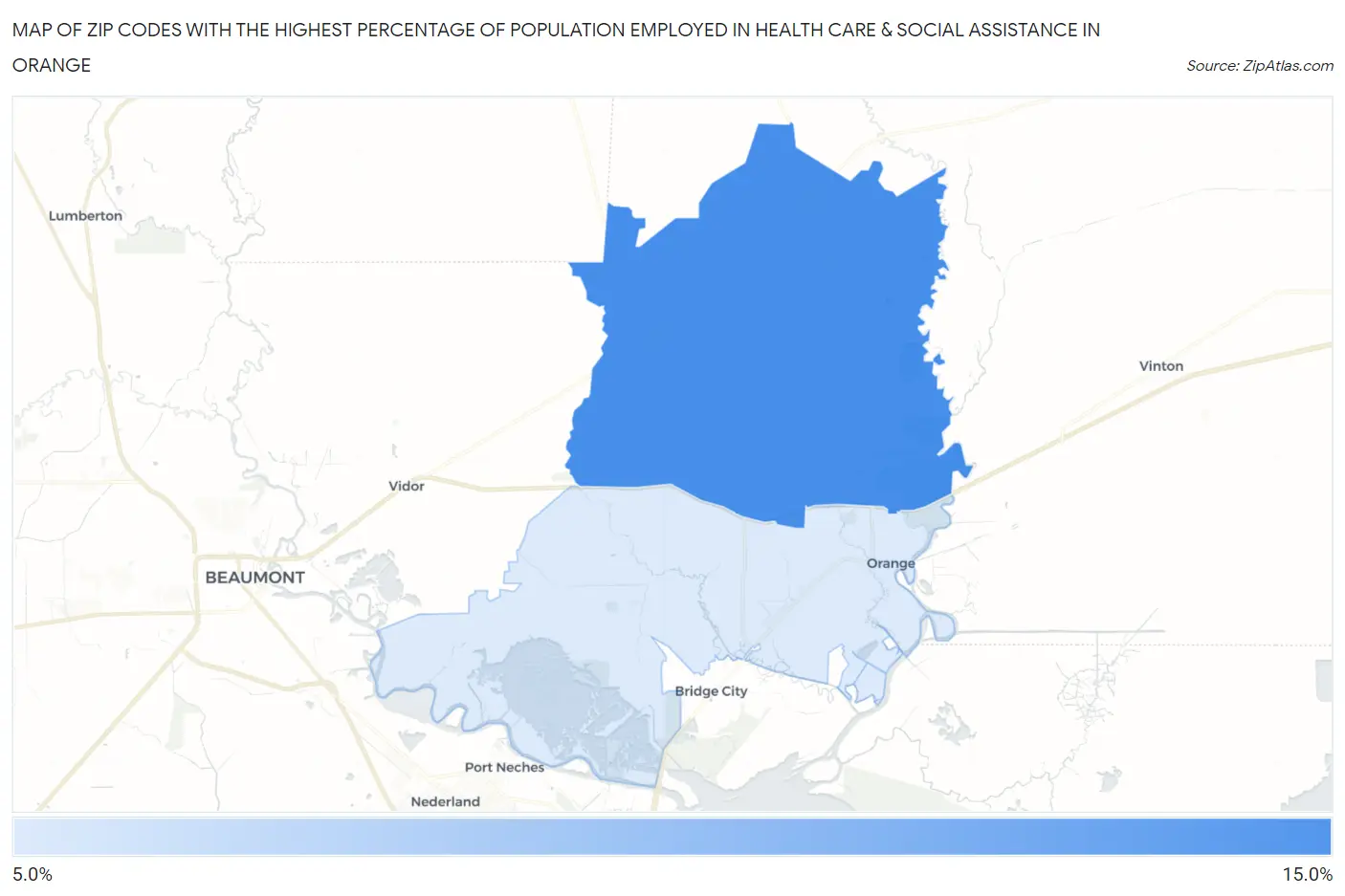 Zip Codes with the Highest Percentage of Population Employed in Health Care & Social Assistance in Orange Map