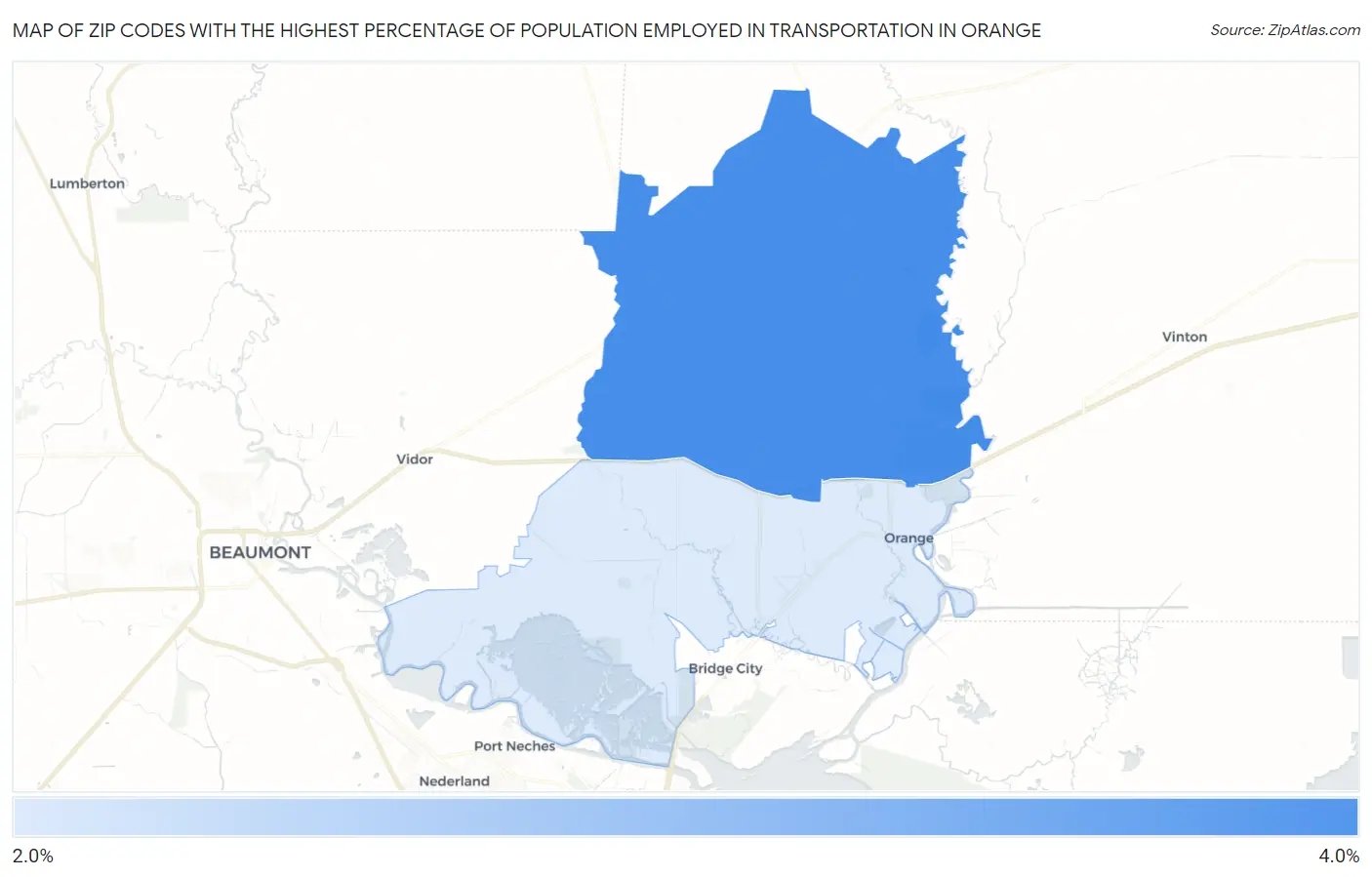 Zip Codes with the Highest Percentage of Population Employed in Transportation in Orange Map