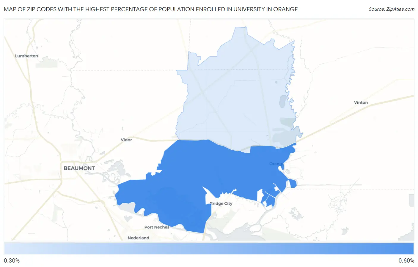 Zip Codes with the Highest Percentage of Population Enrolled in University in Orange Map