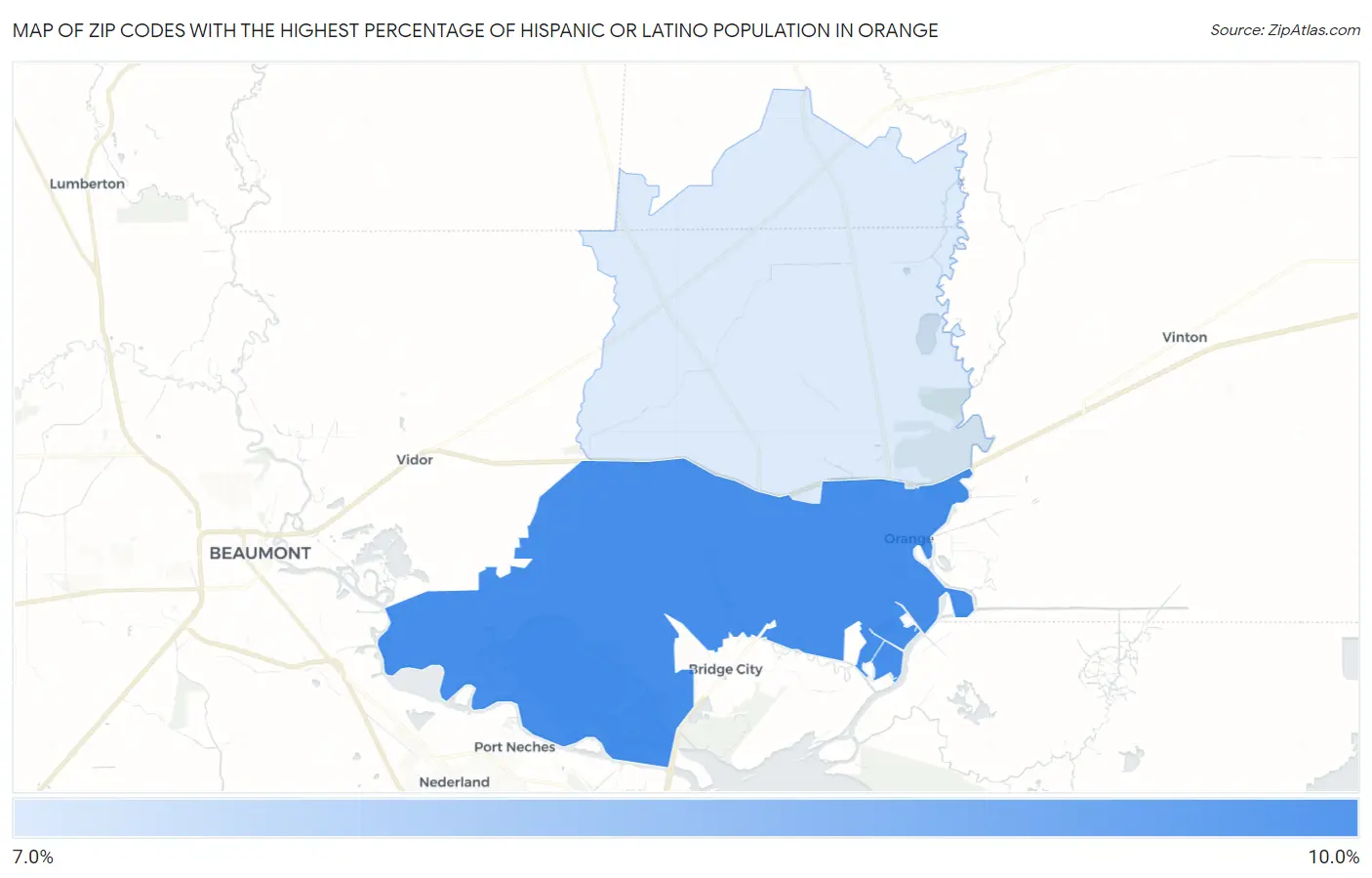 Zip Codes with the Highest Percentage of Hispanic or Latino Population in Orange Map