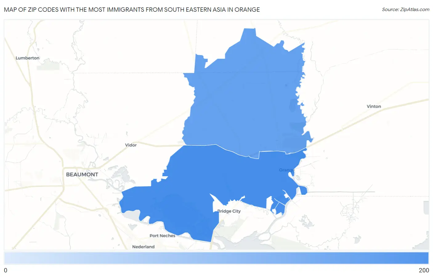 Zip Codes with the Most Immigrants from South Eastern Asia in Orange Map