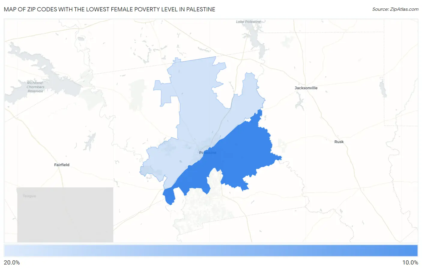 Zip Codes with the Lowest Female Poverty Level in Palestine Map