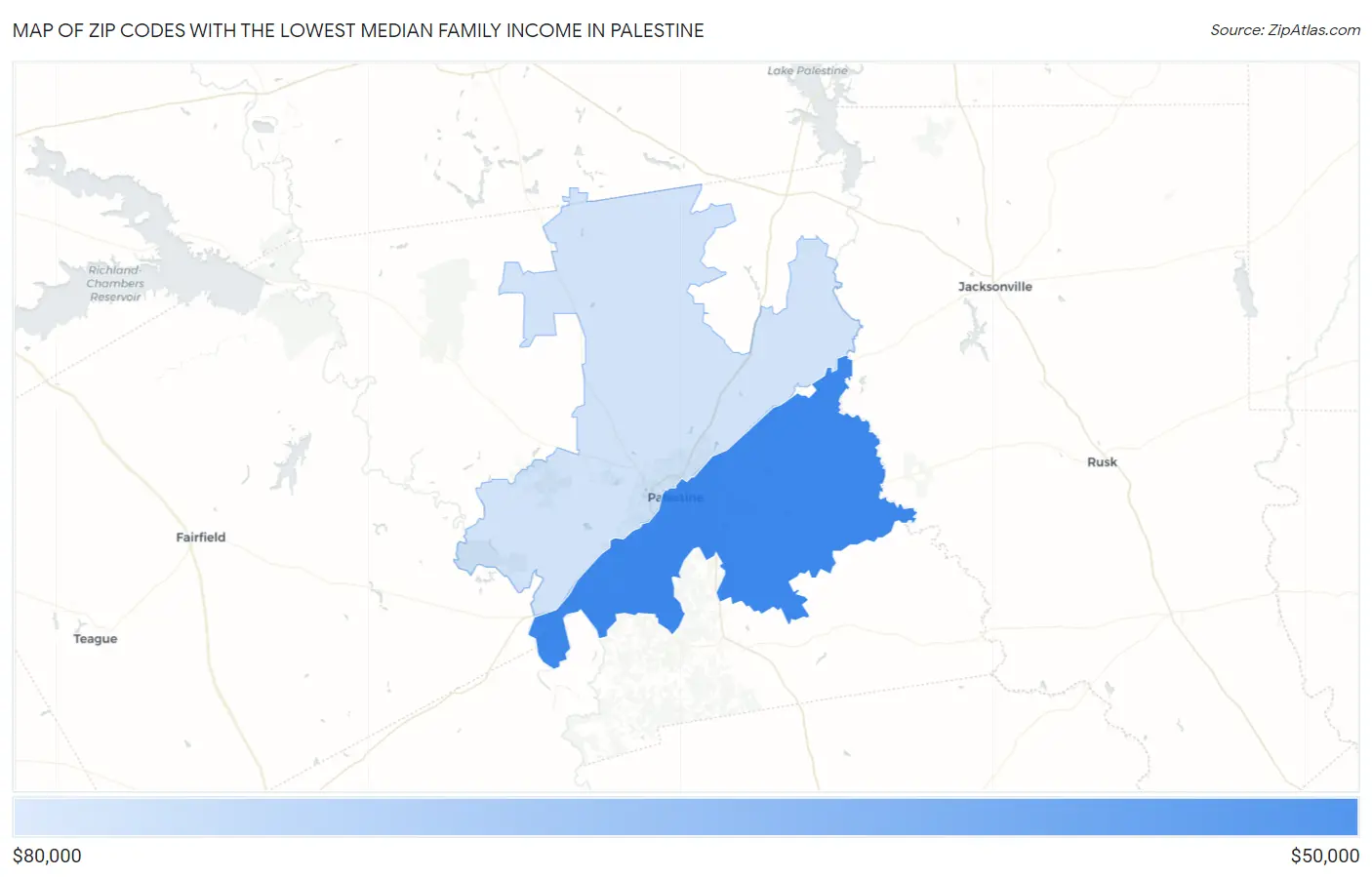 Zip Codes with the Lowest Median Family Income in Palestine Map