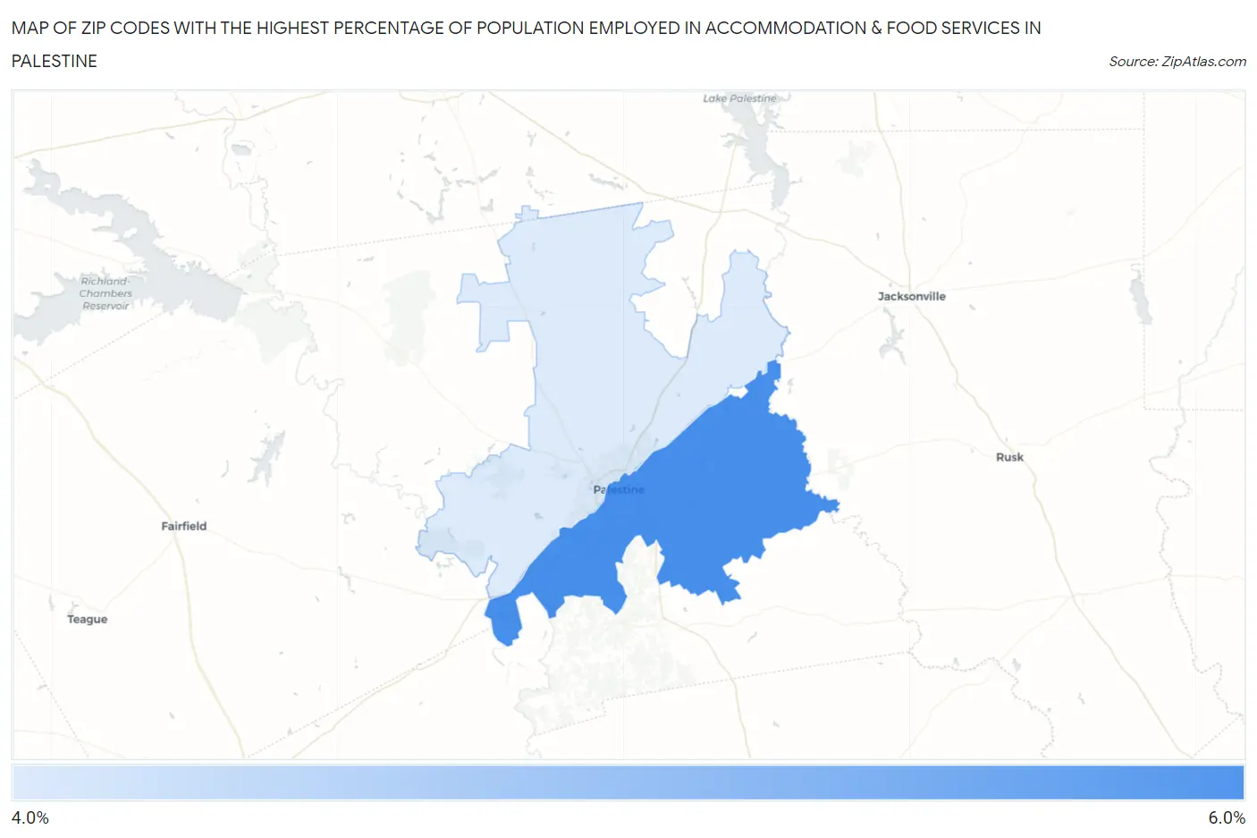 Zip Codes with the Highest Percentage of Population Employed in Accommodation & Food Services in Palestine Map