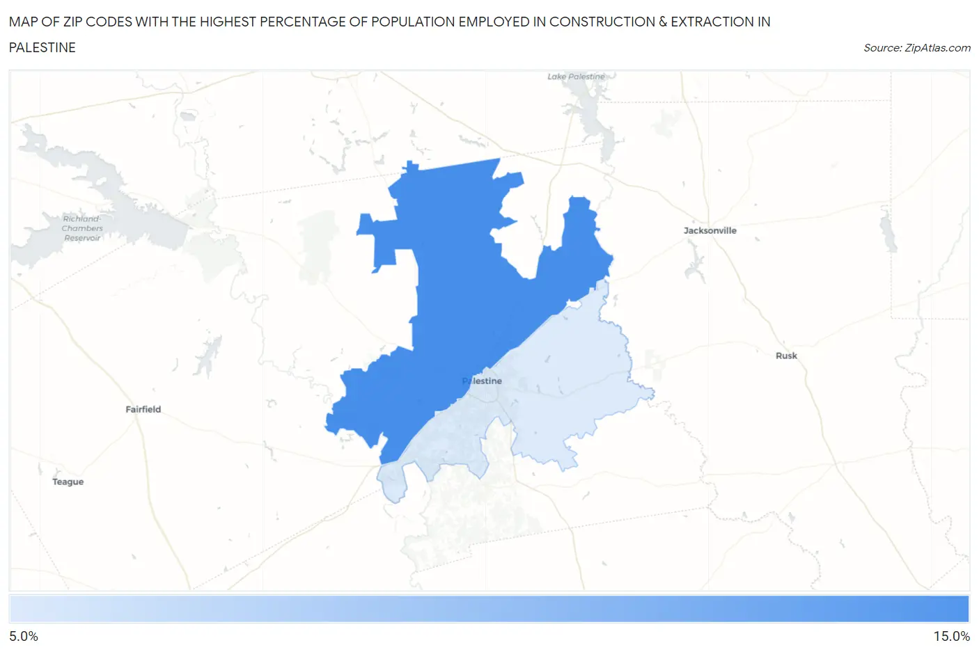 Zip Codes with the Highest Percentage of Population Employed in Construction & Extraction in Palestine Map