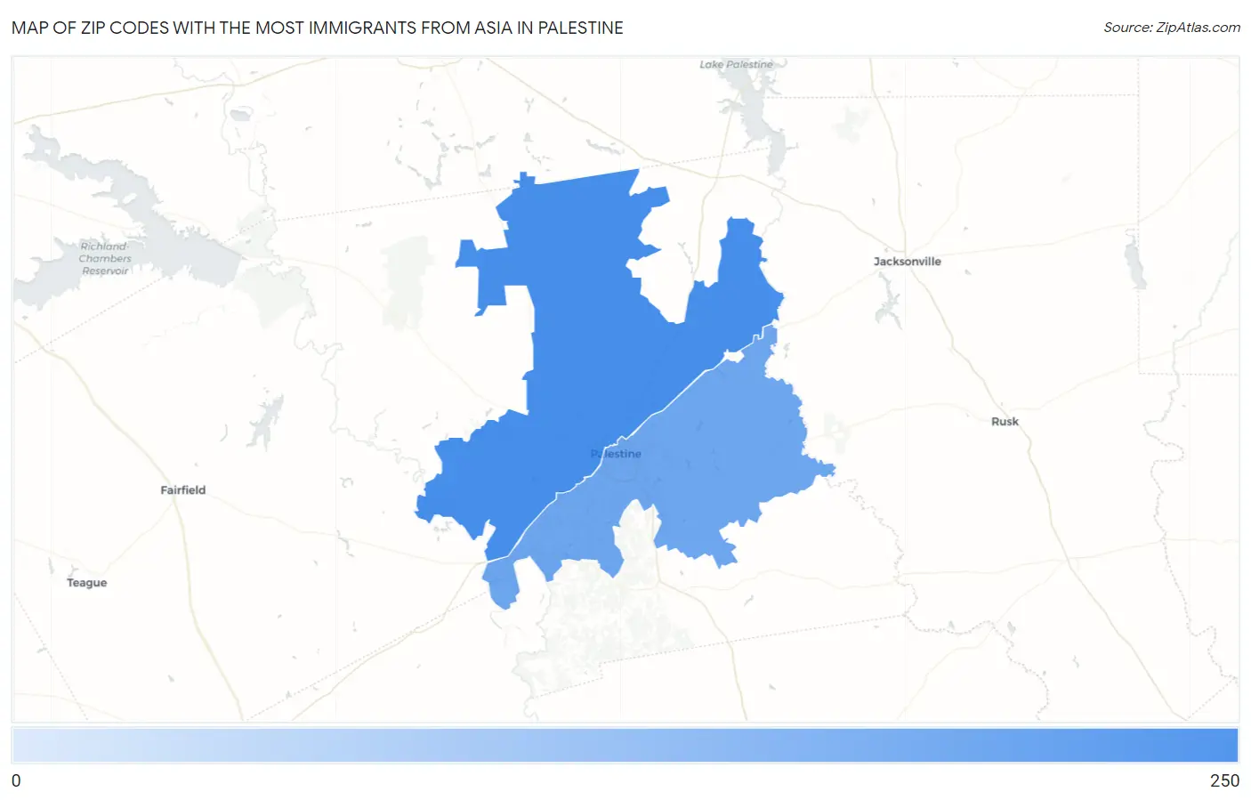 Zip Codes with the Most Immigrants from Asia in Palestine Map