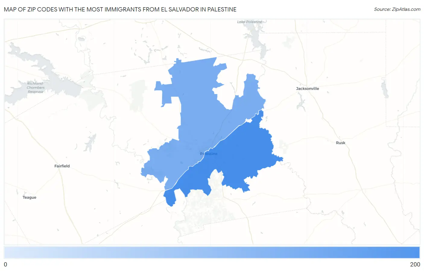 Zip Codes with the Most Immigrants from El Salvador in Palestine Map