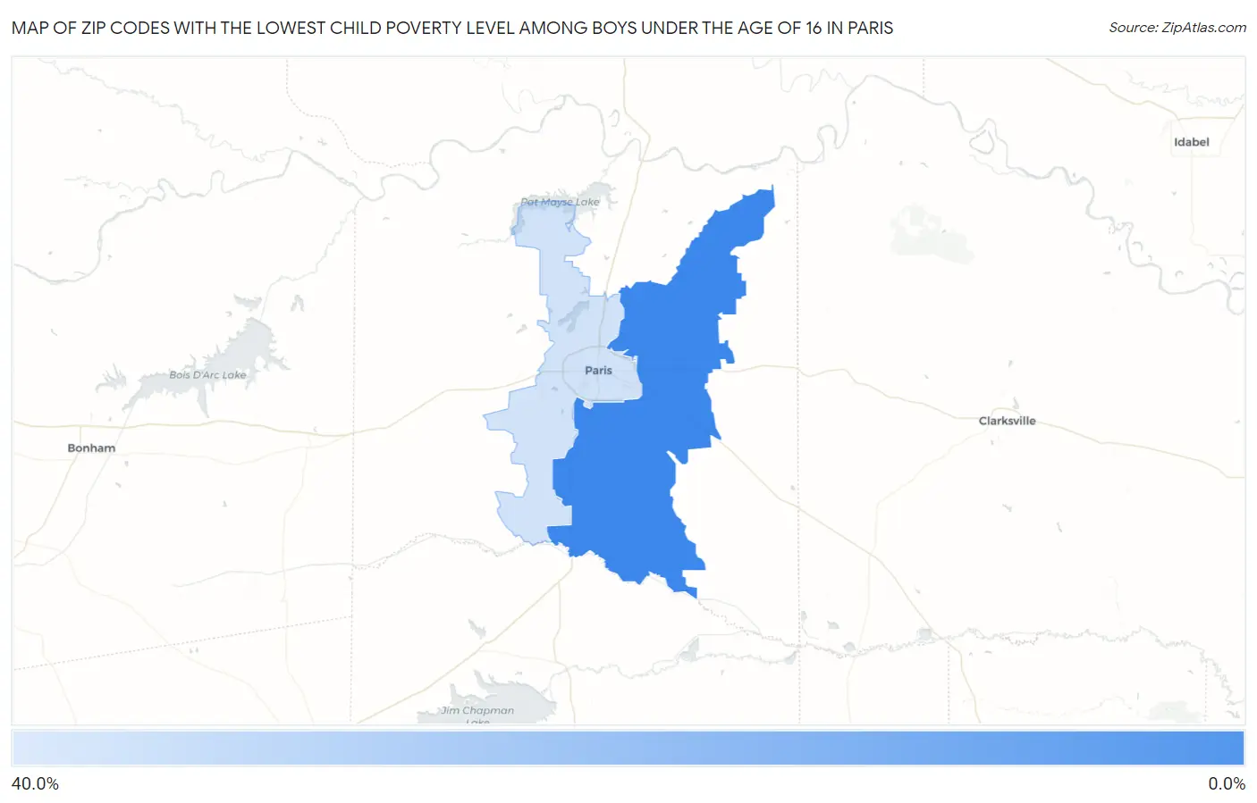 Zip Codes with the Lowest Child Poverty Level Among Boys Under the Age of 16 in Paris Map