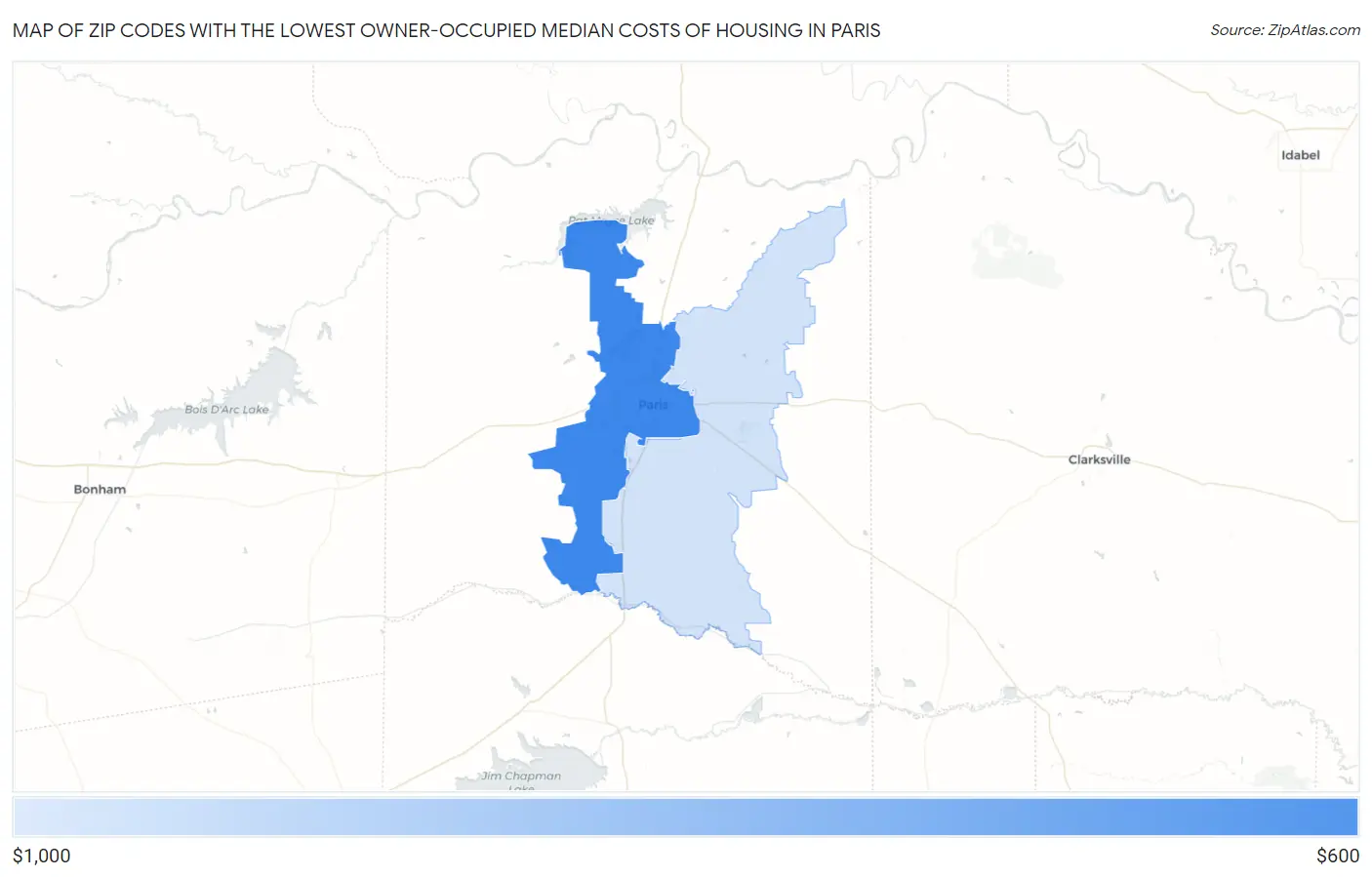 Zip Codes with the Lowest Owner-Occupied Median Costs of Housing in Paris Map