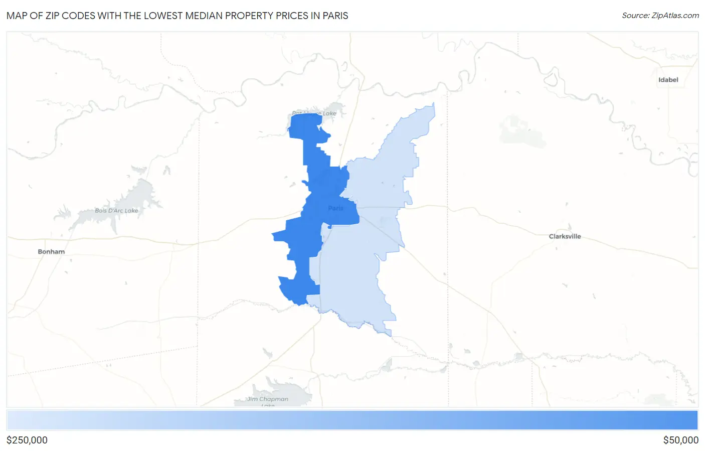 Zip Codes with the Lowest Median Property Prices in Paris Map