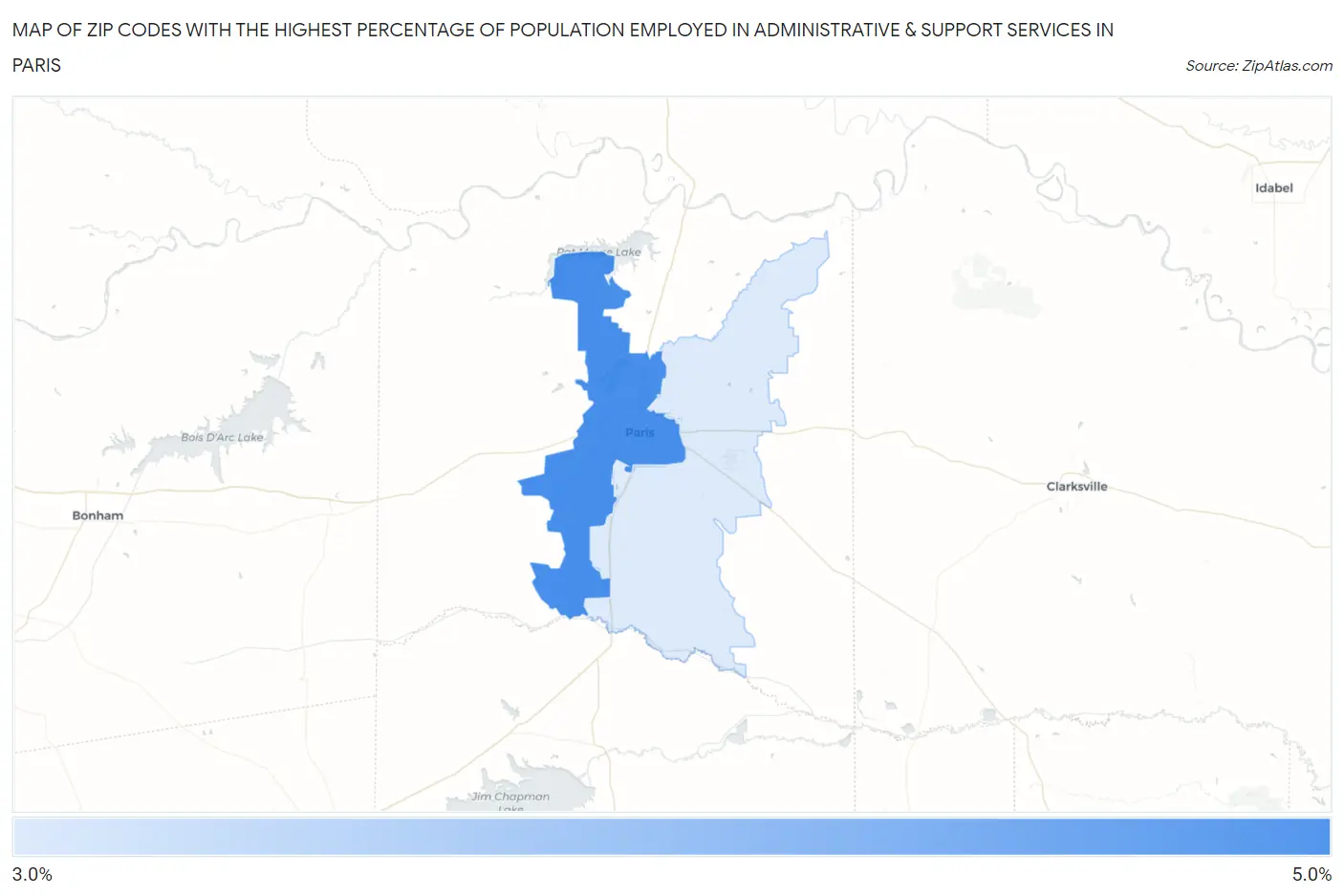 Zip Codes with the Highest Percentage of Population Employed in Administrative & Support Services in Paris Map