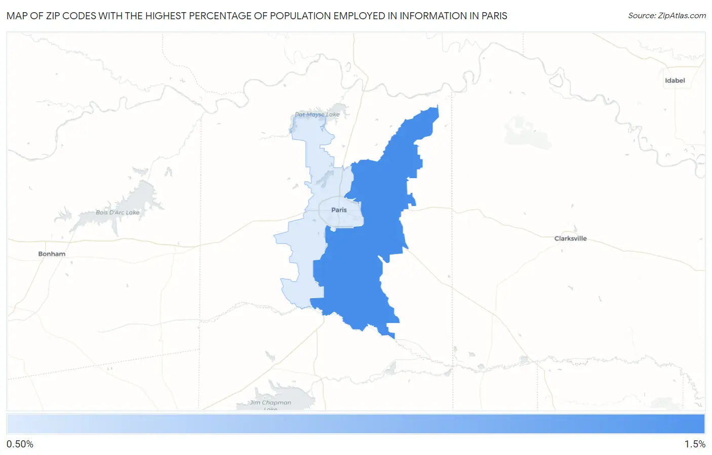 Zip Codes with the Highest Percentage of Population Employed in Information in Paris Map