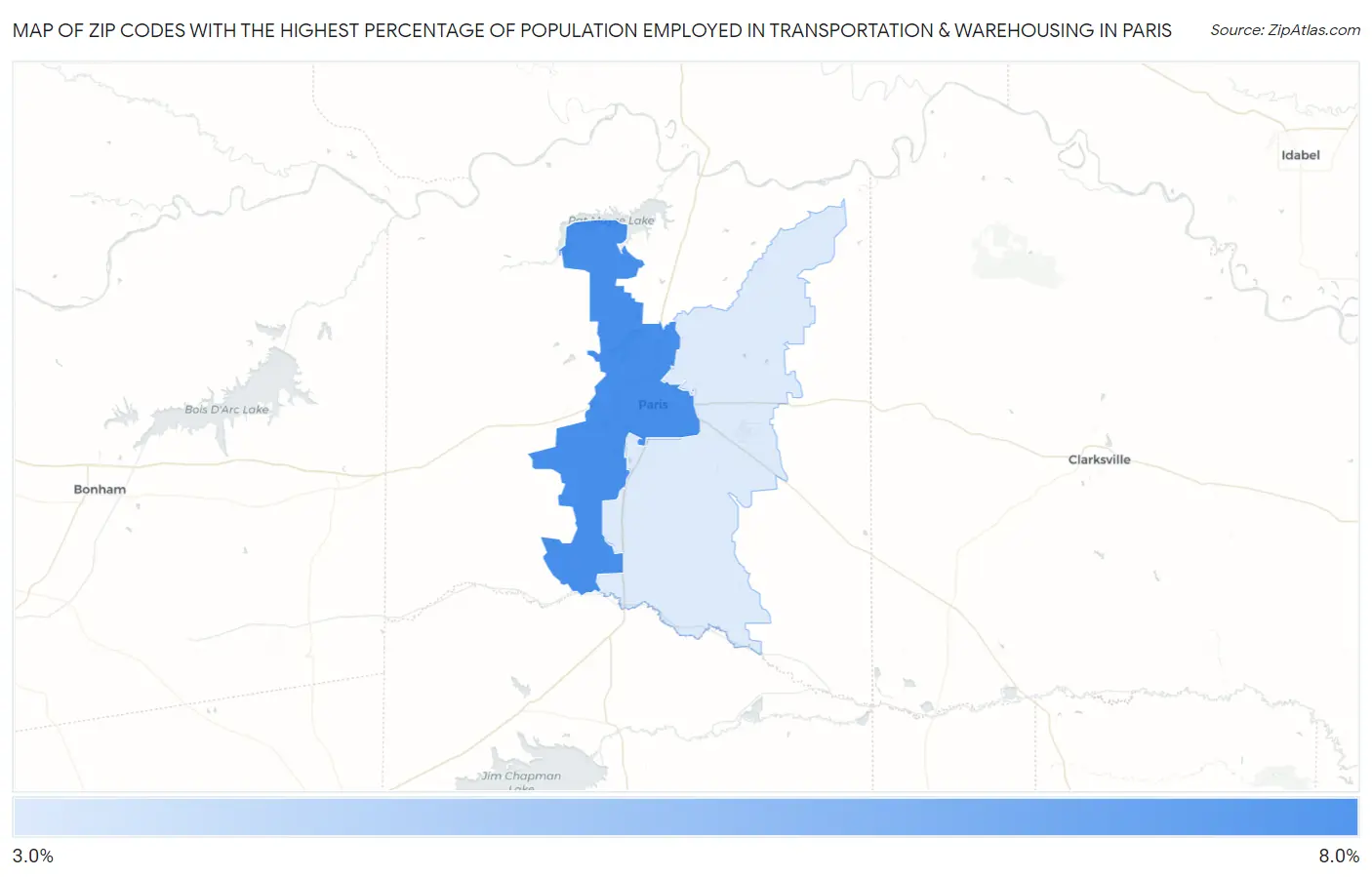 Zip Codes with the Highest Percentage of Population Employed in Transportation & Warehousing in Paris Map