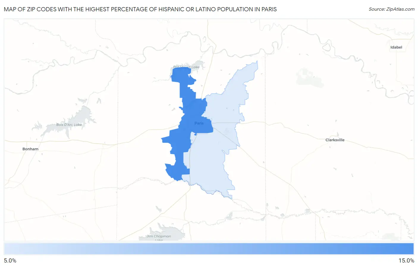 Zip Codes with the Highest Percentage of Hispanic or Latino Population in Paris Map