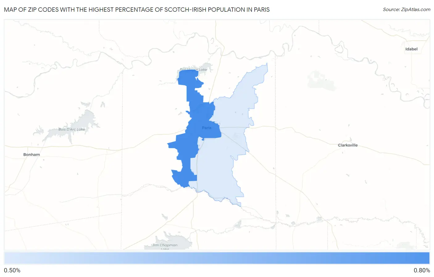Zip Codes with the Highest Percentage of Scotch-Irish Population in Paris Map