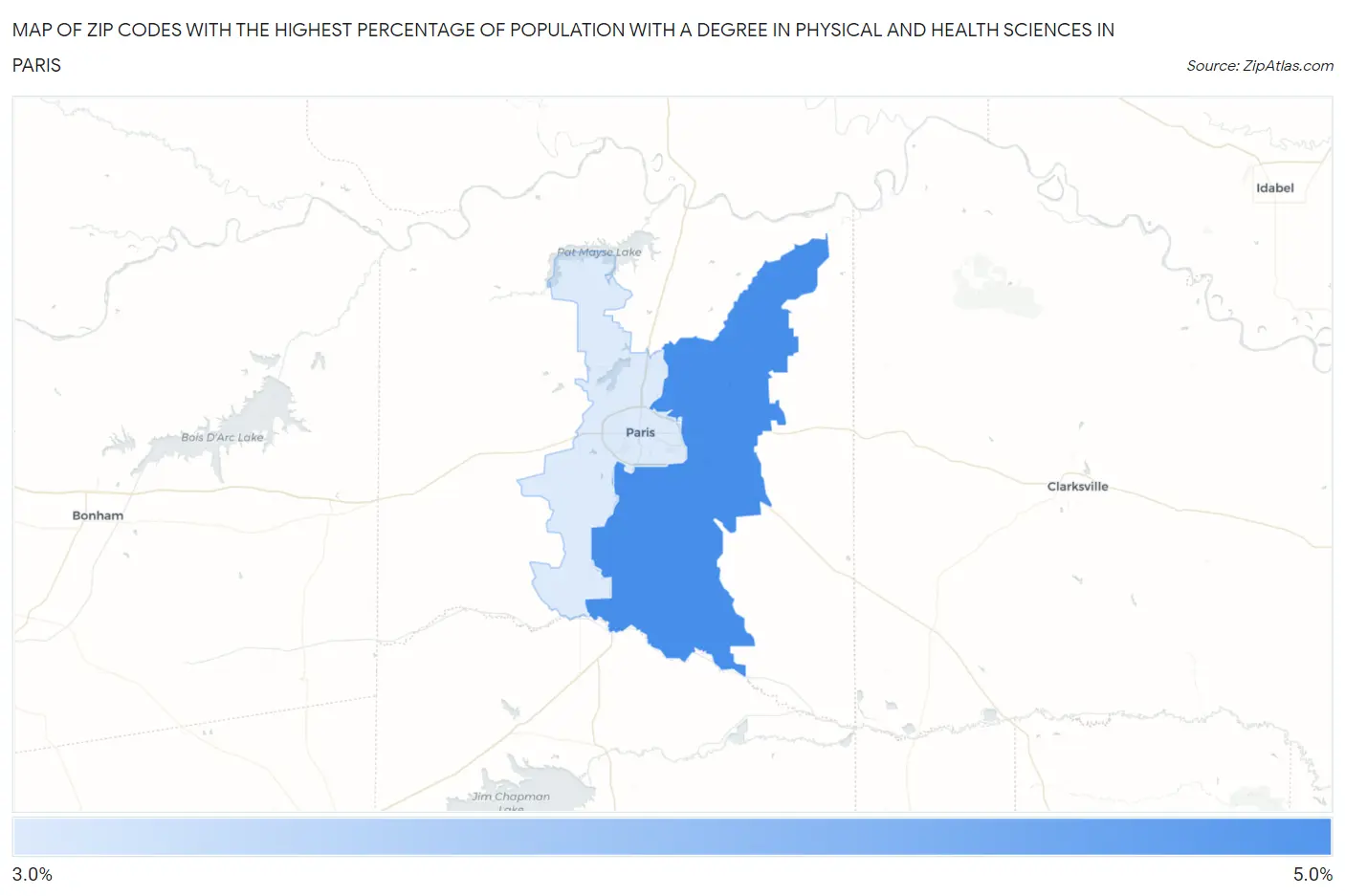 Zip Codes with the Highest Percentage of Population with a Degree in Physical and Health Sciences in Paris Map