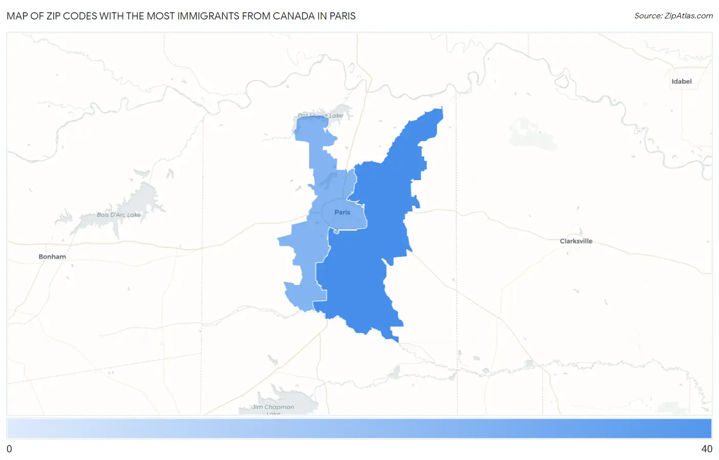 Zip Codes with the Most Immigrants from Canada in Paris Map