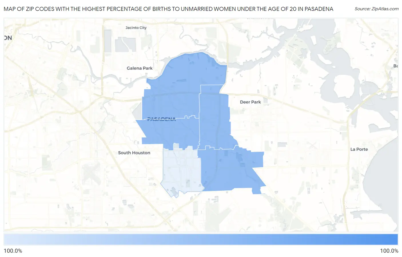 Zip Codes with the Highest Percentage of Births to Unmarried Women under the Age of 20 in Pasadena Map