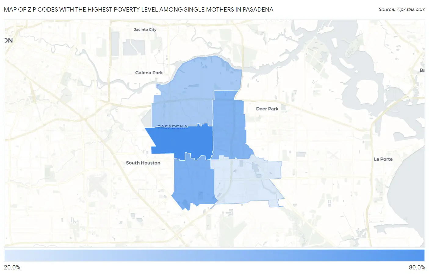 Zip Codes with the Highest Poverty Level Among Single Mothers in Pasadena Map
