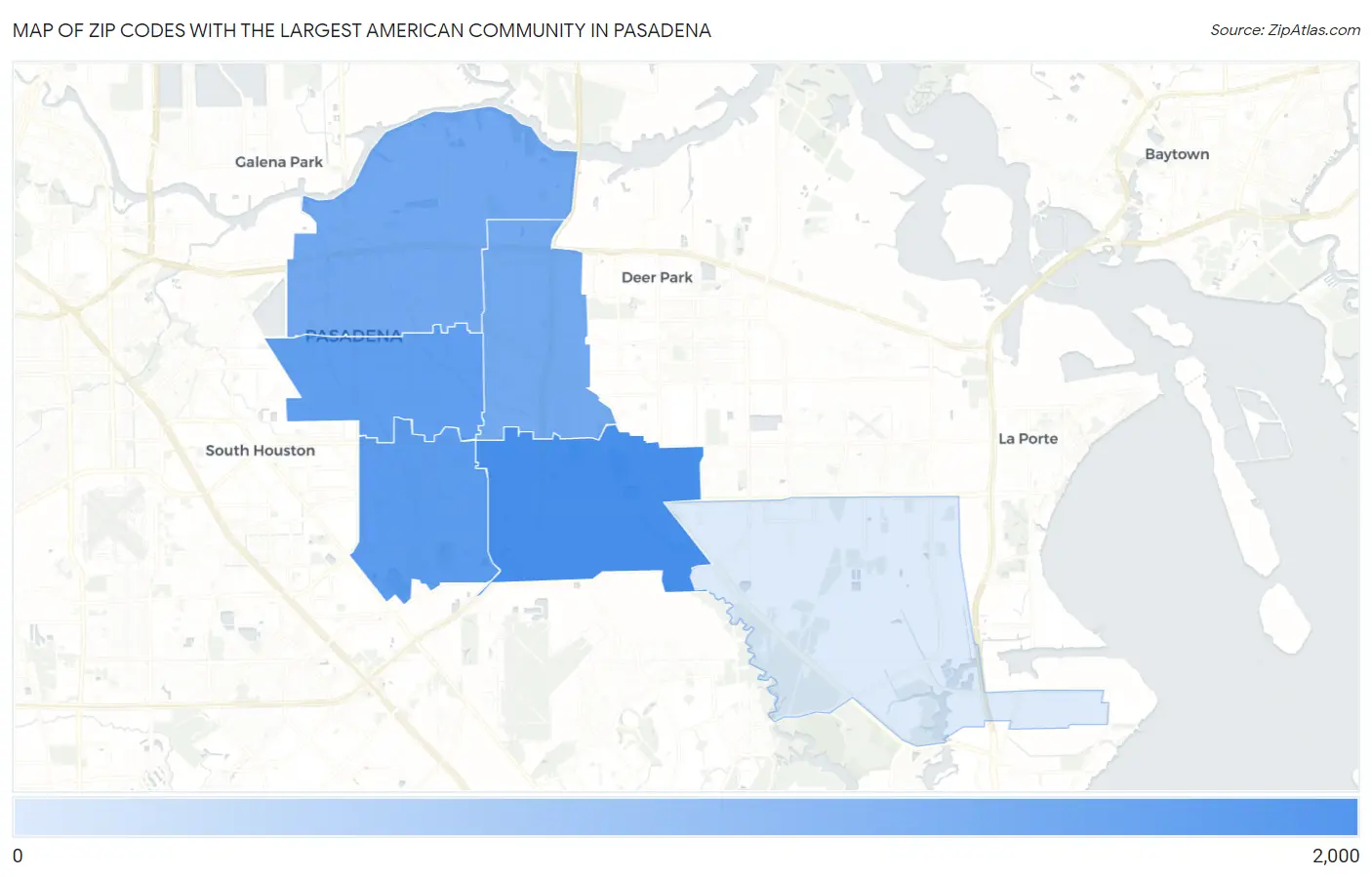 Zip Codes with the Largest American Community in Pasadena Map