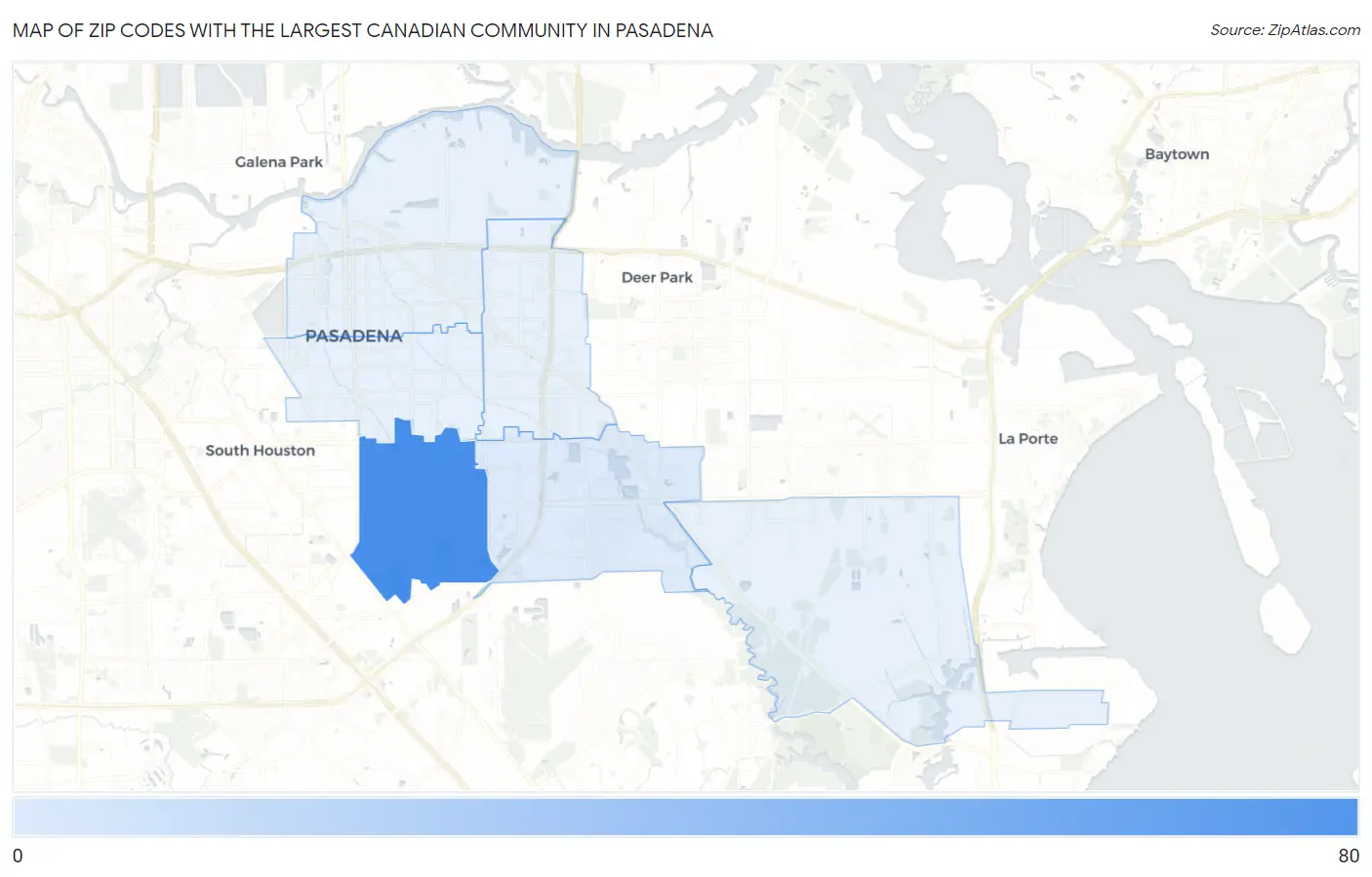 Zip Codes with the Largest Canadian Community in Pasadena Map