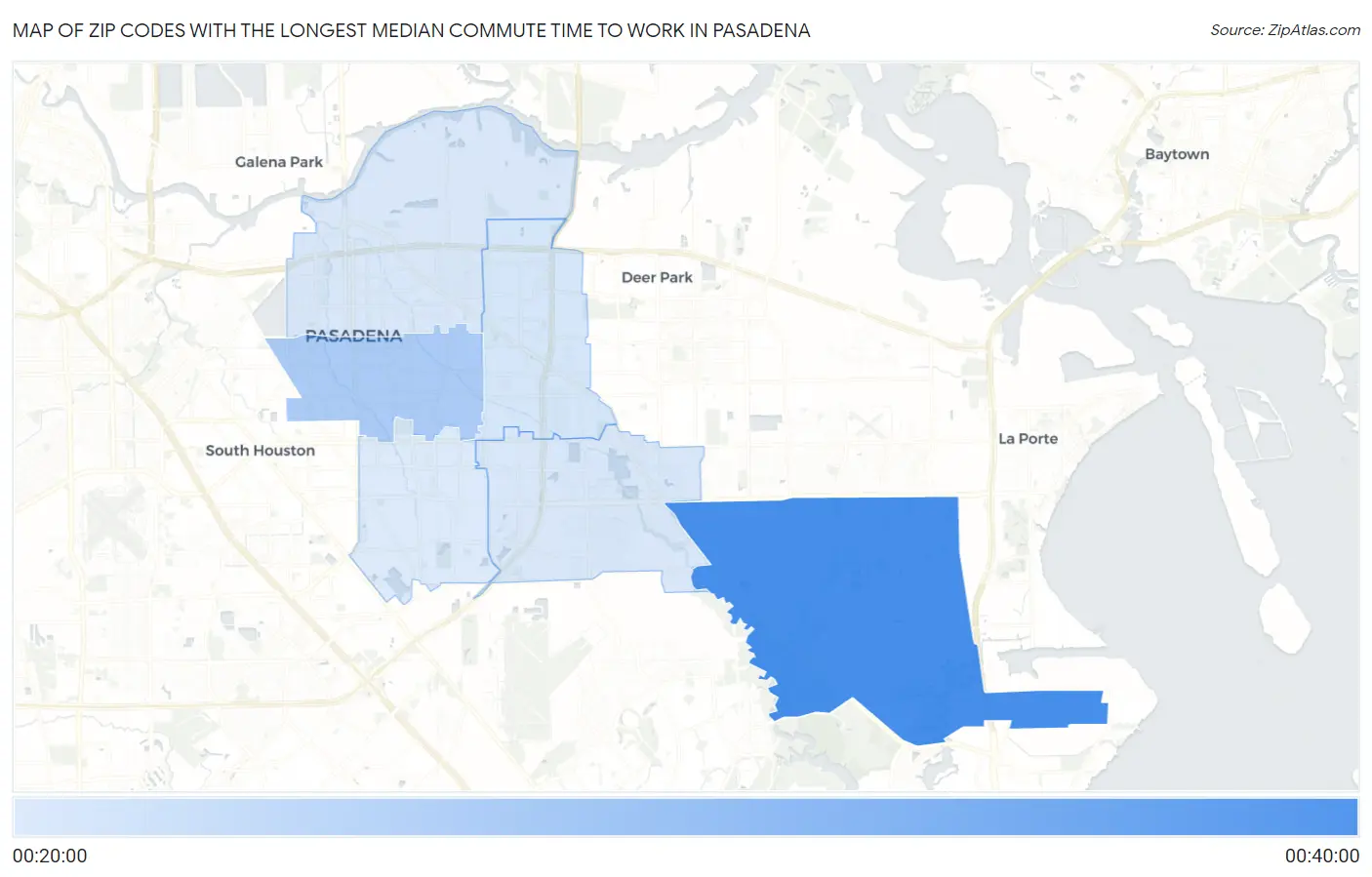 Zip Codes with the Longest Median Commute Time to Work in Pasadena Map