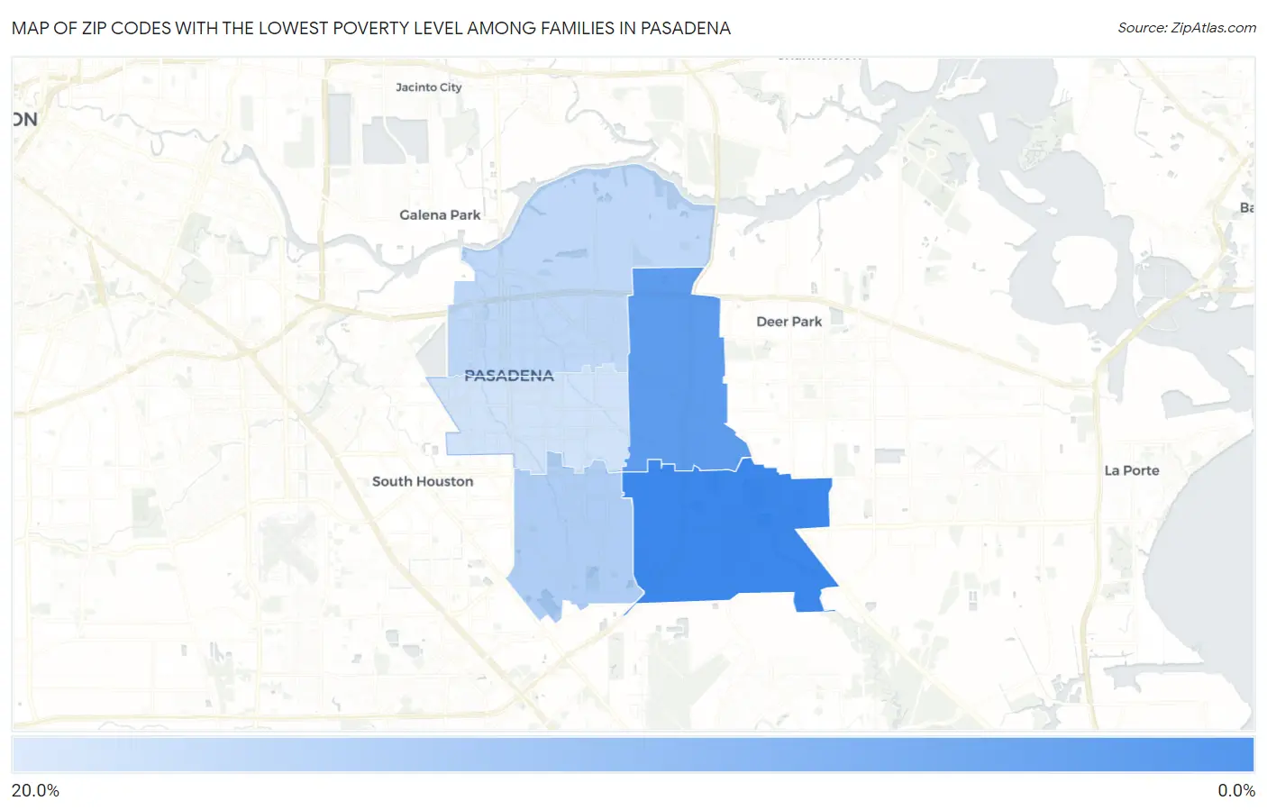 Zip Codes with the Lowest Poverty Level Among Families in Pasadena Map