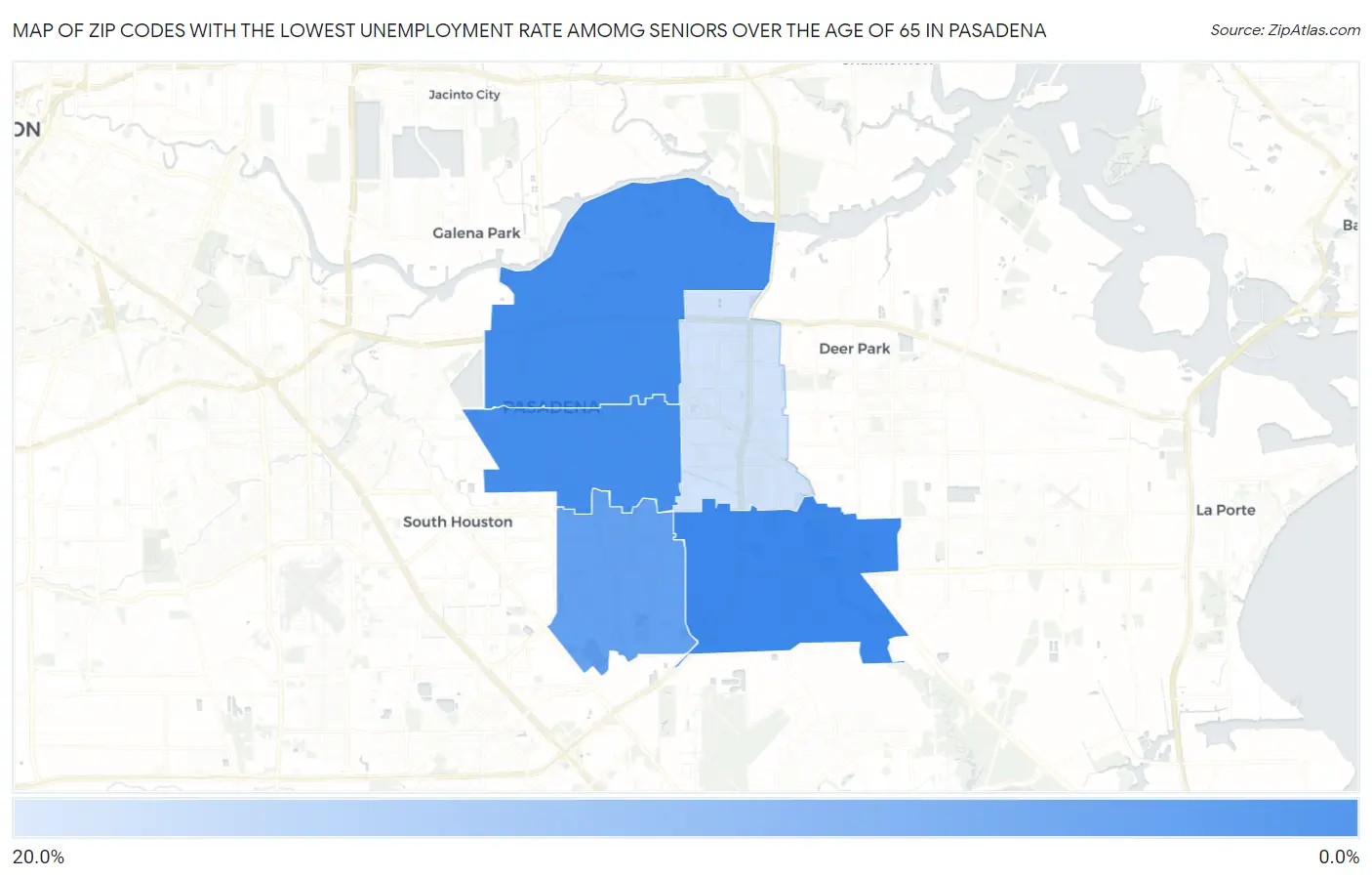 Zip Codes with the Lowest Unemployment Rate Amomg Seniors Over the Age of 65 in Pasadena Map