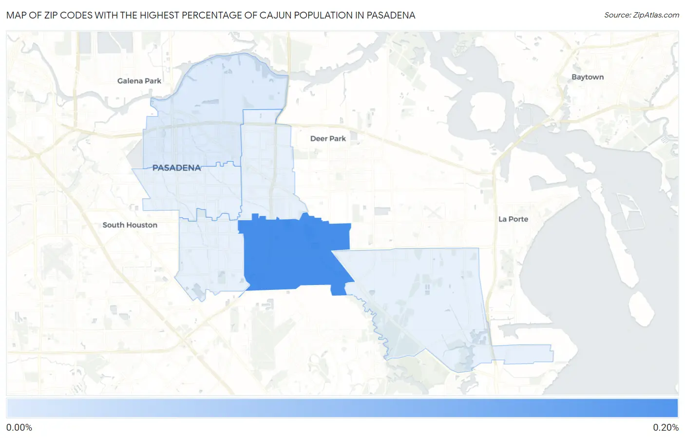 Zip Codes with the Highest Percentage of Cajun Population in Pasadena Map